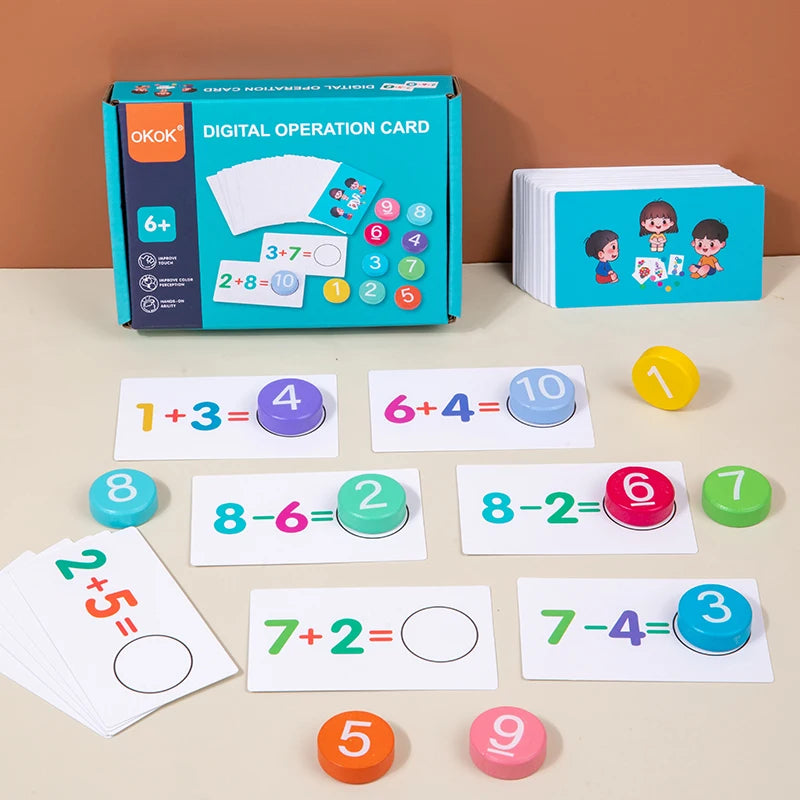 Wooden Montessori Math Toy set with addition and subtraction cards and colorful wooden blocks – educational toy for kids.