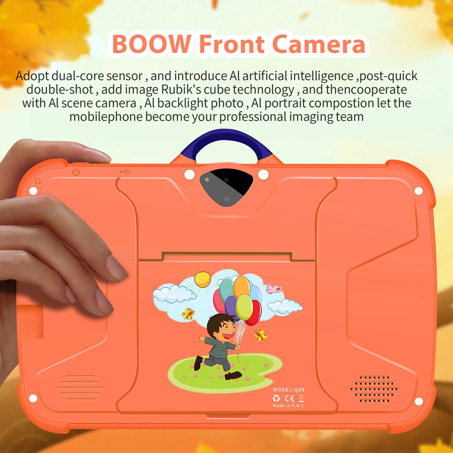 Back view of kids' tablet showing 5MP rear camera and slim design