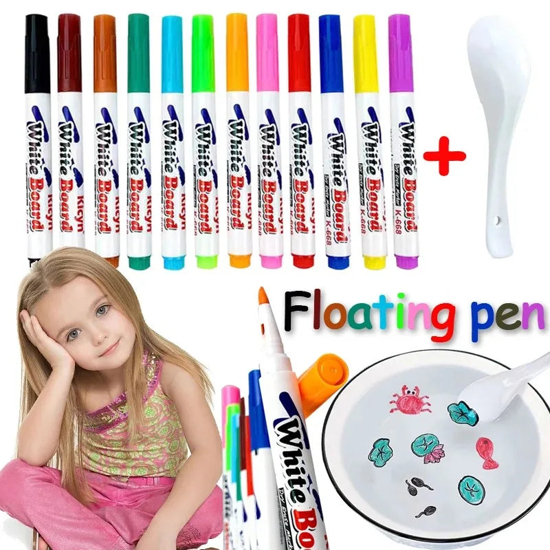 Set of 8 or 12 Magical Water Floating Brush Pens – vibrant whiteboard markers for kids’ creative drawing and painting