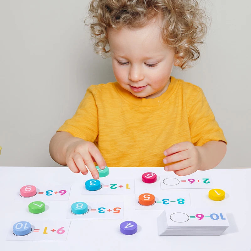 Child learning math using Wooden Montessori Math Toys with colorful blocks and calculation cards.