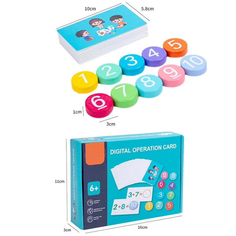 Complete set of Montessori math toys including 46 double-sided cards and 10 wooden blocks for preschool education.